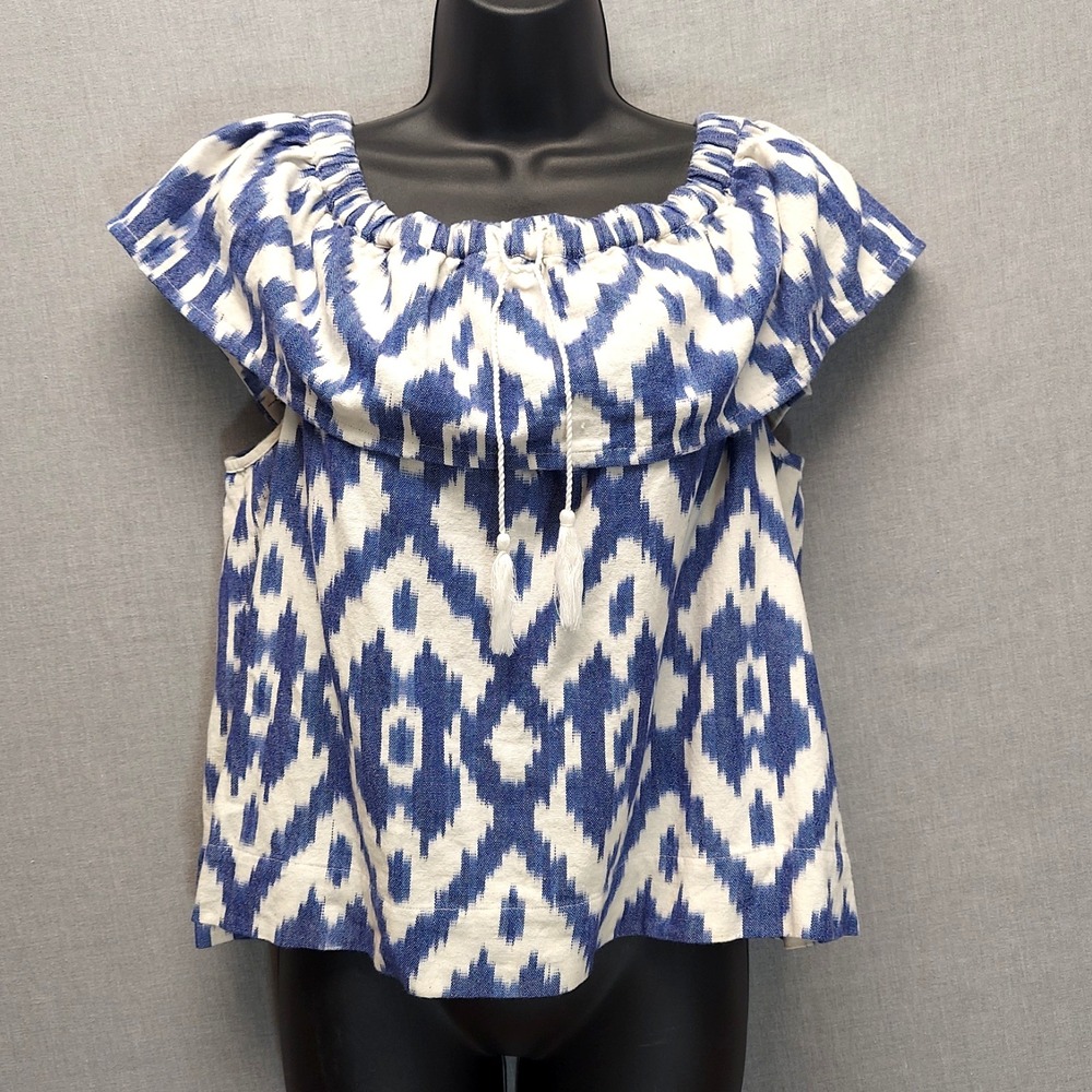 Madewell Boho Ikat Peasant Top S Off Shoulder Tassel Vacation Coastal Beachy